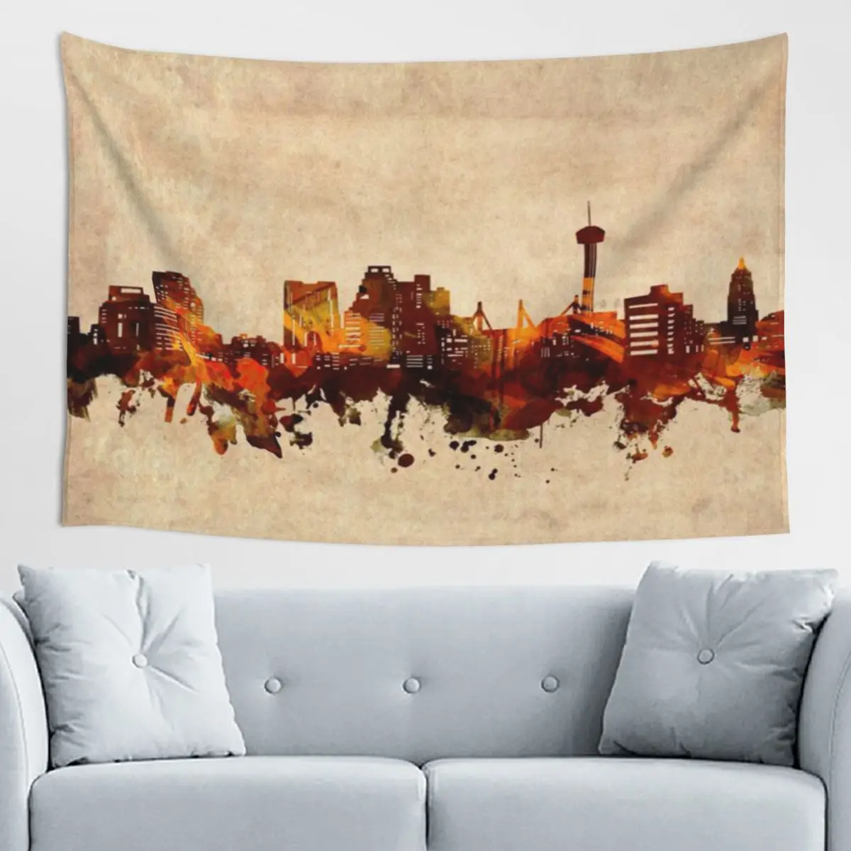 San Antonio Skyline Vintage Wanddecke, gewebter Elefanten-Wandteppich, Landschaftsdekoration