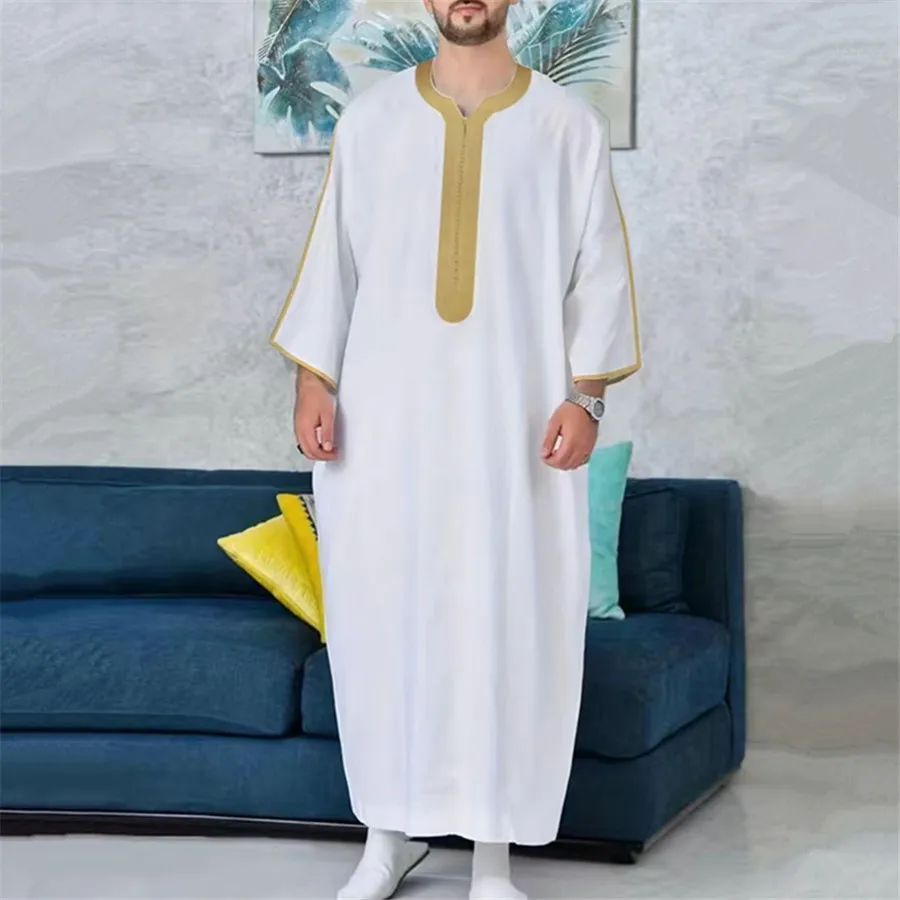 Muslim Islamic Men Clothing Long Sleeve Arabic Abaya Embroidered Jubba Thobe Men's Caftan White Kaftan Eid Prayer Pakistan Robes