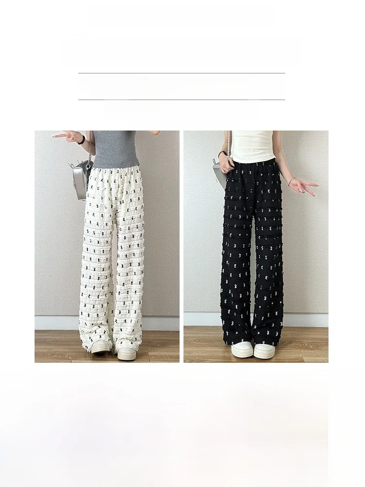 ホワイトノットワイドレッグパンツ女性の夏のアイスシルクハイウエストドレープカジュアルストレートレッグ痩身レース怠惰なストライプ...