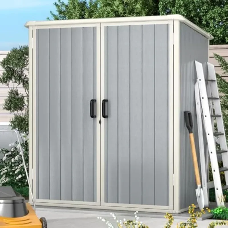Aoxun 5 x 3Ft Resin Shed with Floor & Lockable Door, Grey | Outdoor storage cabinet fits garbage cans, garden tools and various