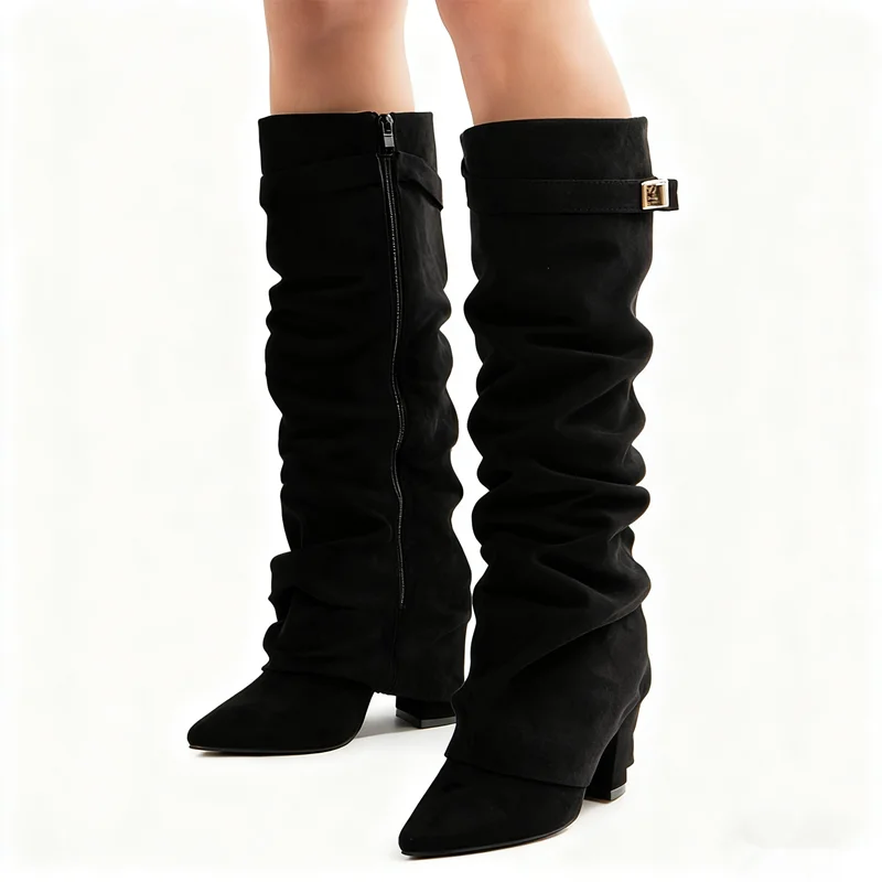 Autumn And Winter New Pointed Metal Buckle Knee High Women's Boots Thick High-heeled Pants Boots Ladies Fashion Mid Leg Boots view 4