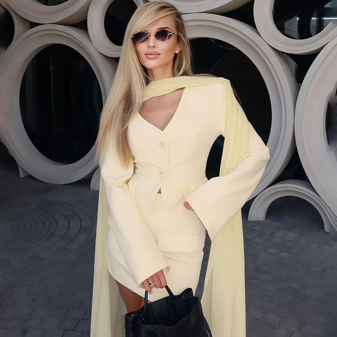 Autumn Women Suit Skirt Set 3 Piece Scarf+Blazer+Short Mini Prom Dress Sexy V Neck Jacket Formal Wedding Guest Birthday Coat
