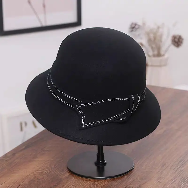 

Japanese Women's autumn and winter new woolen basin hat fisherman hat retro socialite bow dome woolen top hat