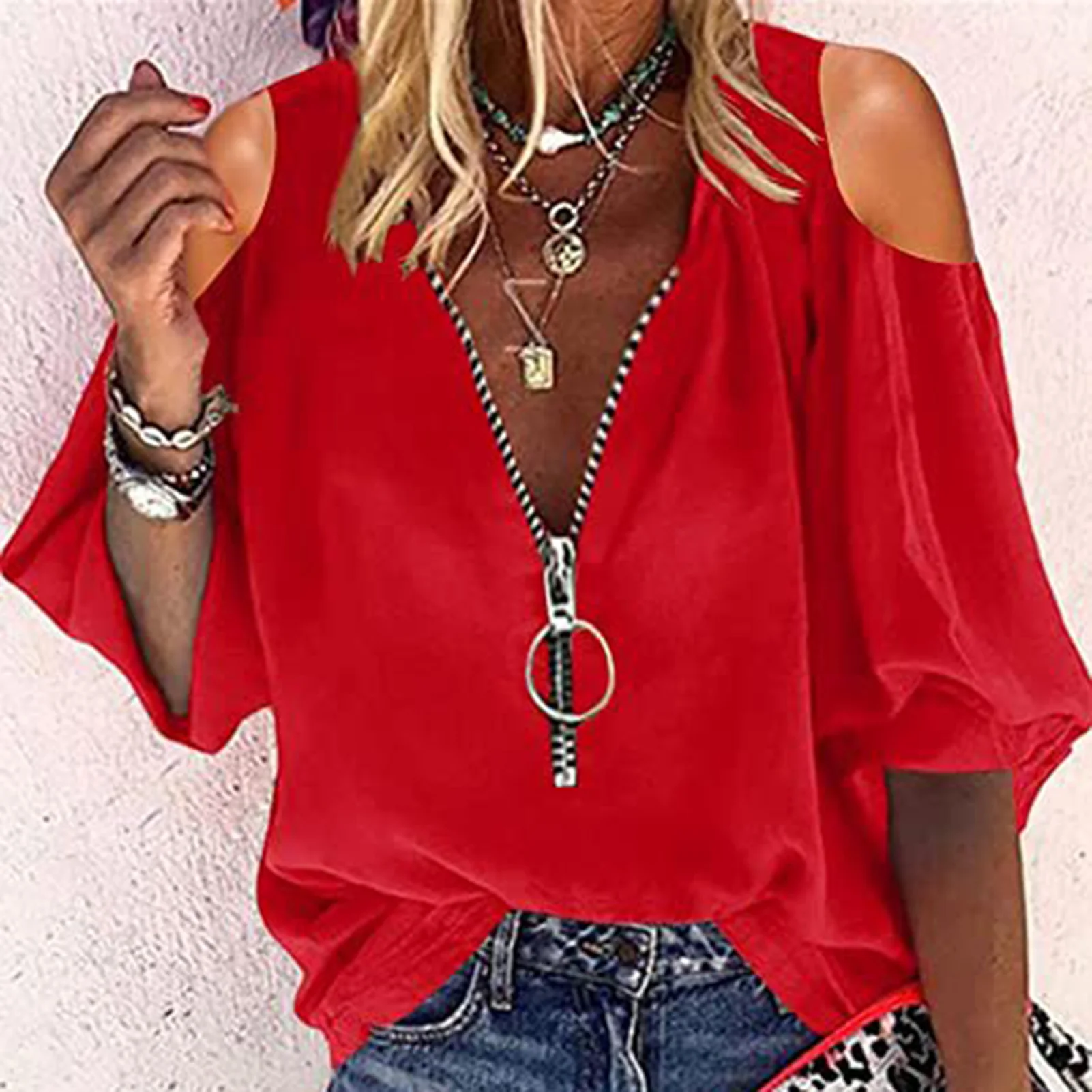 Women's Ultra-thin Shirt Blouse V-neck Front Zipper Puff Sleeve Shirts for Spring Fall Daily Wear