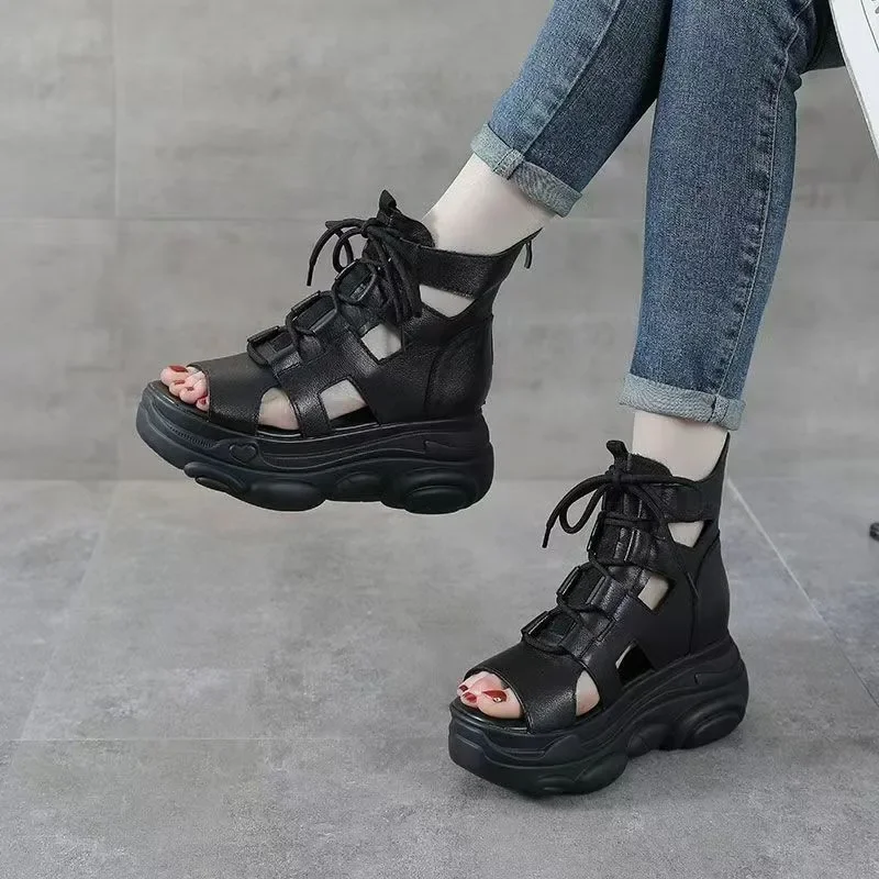 2024 New Fashion Platform Sandals Women Cross Genuine Leather Wedges Platform Heel Gladiator Sandals Women Summer Roman Shoes