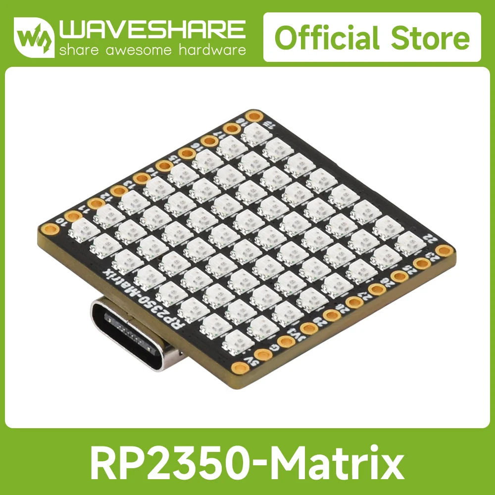 Waveshare RP2350-Matrix Microcontroller Development Board, Dual-core And Dual-architecture Design,  6-Axis Sensor 8×8 RGB LED