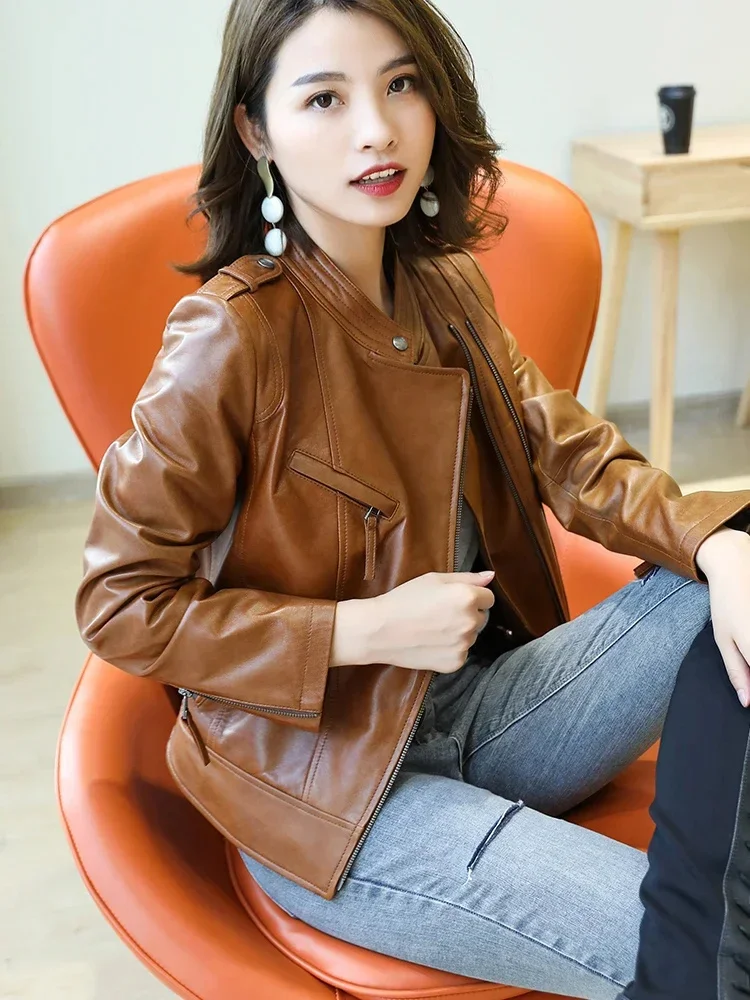 Leather Genuine Jacket Women Spring Autumn Stand Collar Slim Zipper Cropped Motorcycle Jackets High-quality Real Sheepskin Coats