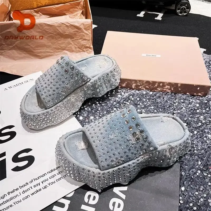 

2024 Women Ripped Denim Rhinestone Platform Muffin Open Toe Sandals Special-Interest Design Wave Bottom Slippers