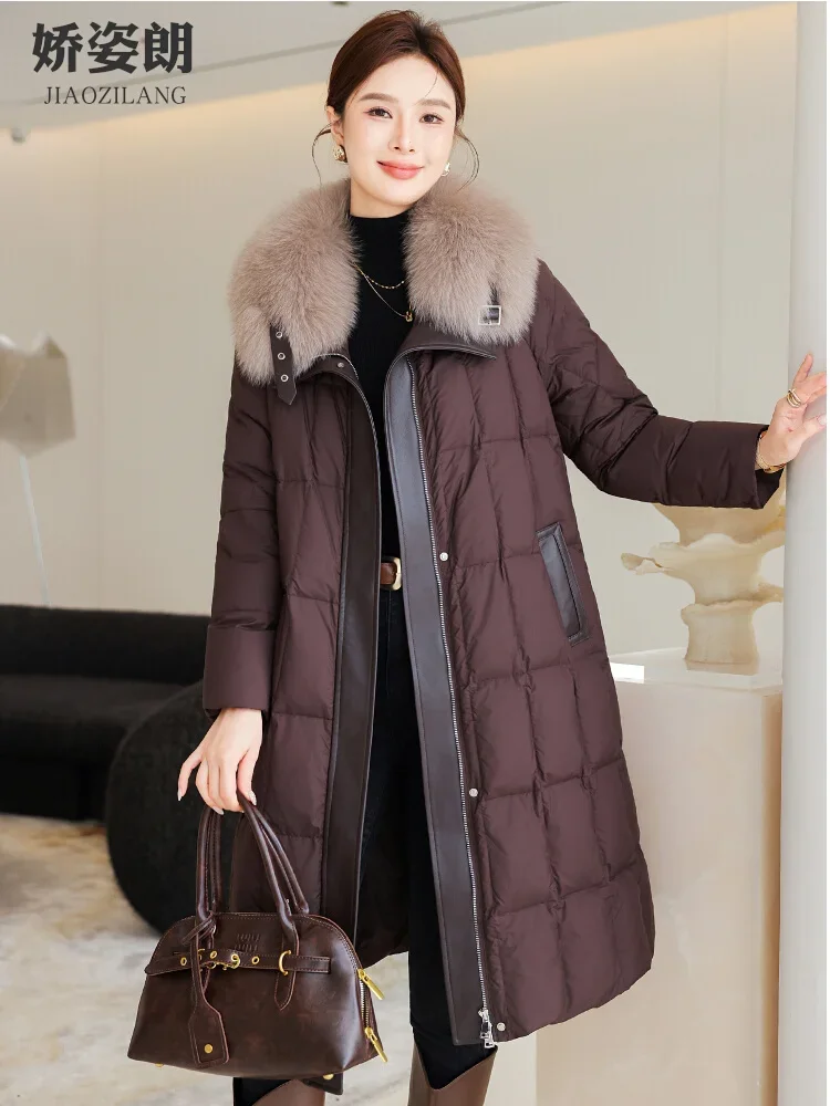 

Winter Fox Fur Collar Down Jacket Medium and Long Knee White Goose Down Jacket for Women