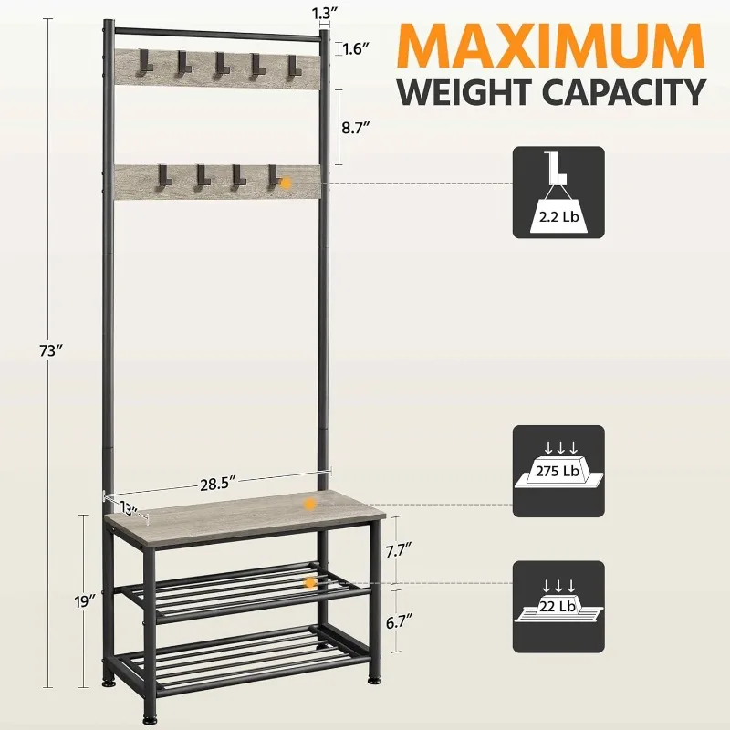 

Coat Rack, Hall Tree With Shoe Bench, Entryway Shoe Storage With Coat Rack Stand, 9 Movable Hooks, Industrial Entryway