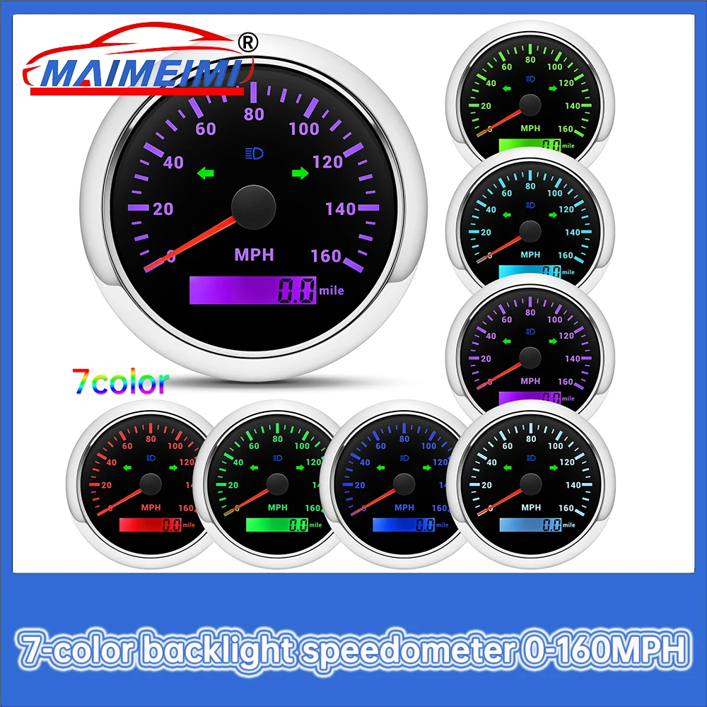 

85 мм спидометр, одометр, датчик 0-160 миль в час, водонепроницаемая 7-цветная подсветка для морской лодки, автомобиля, грузовика