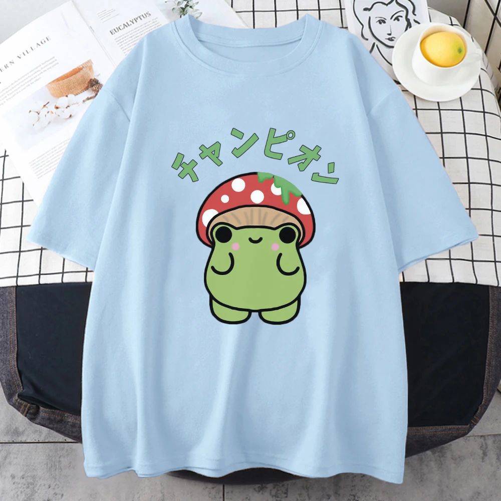 Bonito vestindo cogumelos sapo manga curta puro algodão t camisa feminina engraçado impresso verão solto topos casuais t harajuku ulzzang