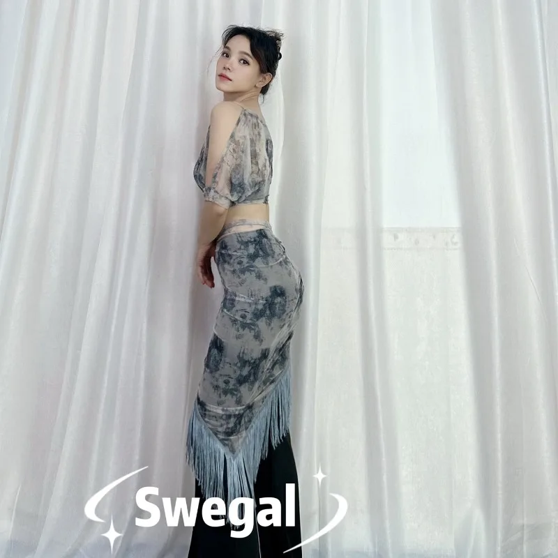 Customized SWEGAL Belly Dancewear Ink Grey Printed Mesh Micro Transparent Sexy Versatile Beginners Comfortable Oriental Dancing