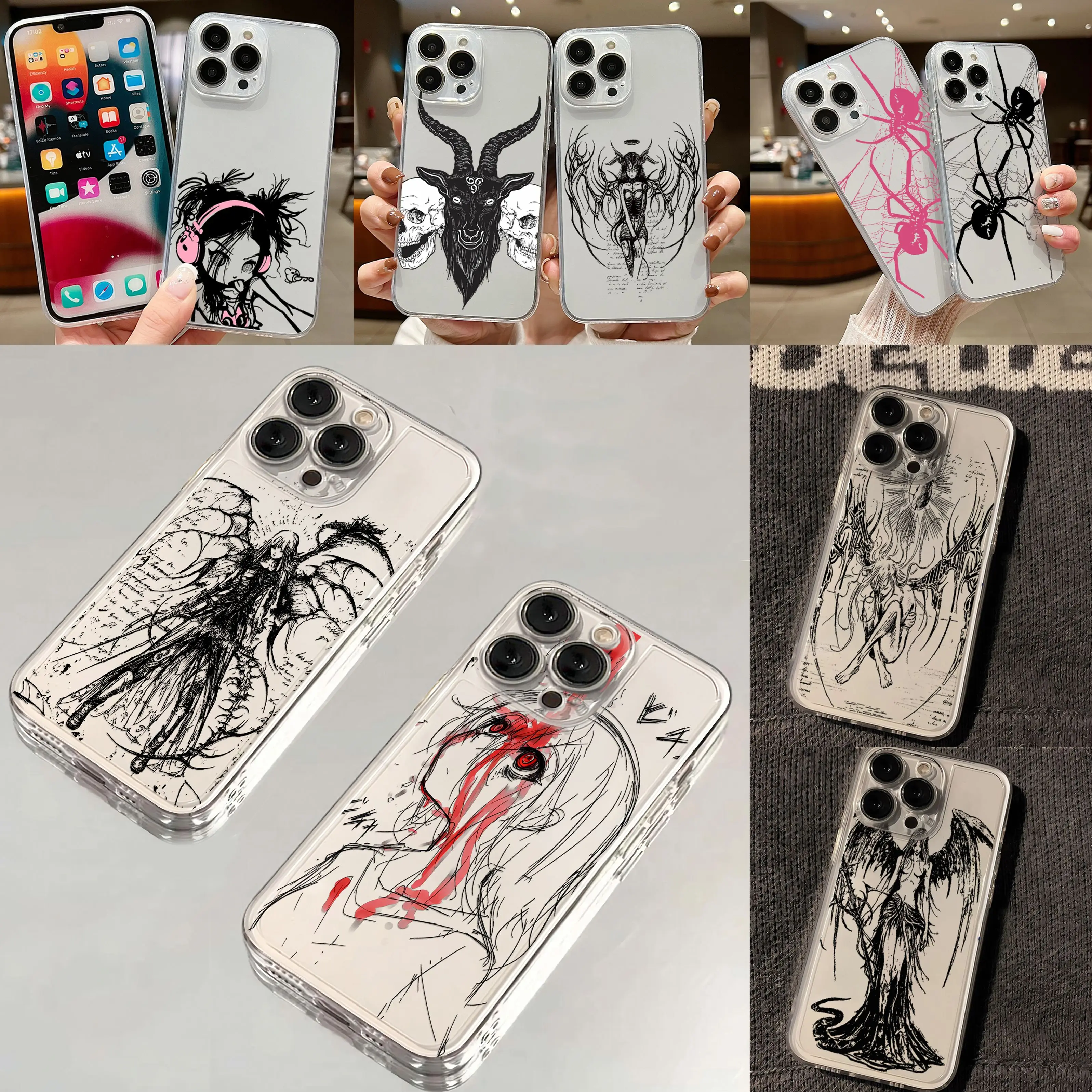 luxury Death demon Black Angel Hot Phone Case For iPhone 15 14 13 12 11 Mini Pro Max X XR XSMax 6S 6 7 8 Plus SE Clear Cover Y2K