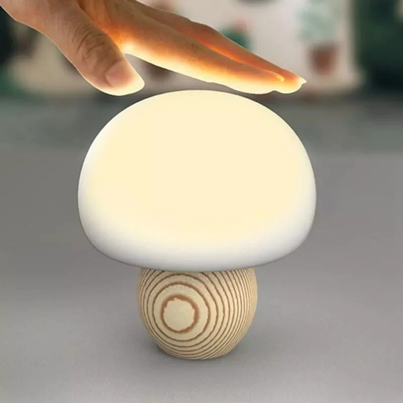 Silicone LED Night Lamp Brightness Adjustable Mushroom Pat Switch Wooden Base Timing LED Night Light For Children\'s Gift