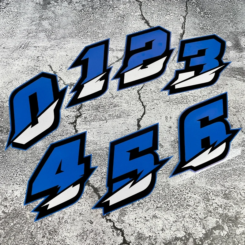 

2 шт. синих наклеек с номерами для мотоциклов, водонепроницаемые, для самостоятельной установки на топливный бак, передний обтекатель, шлем, самокат, самоклеящиеся виниловые наклейки