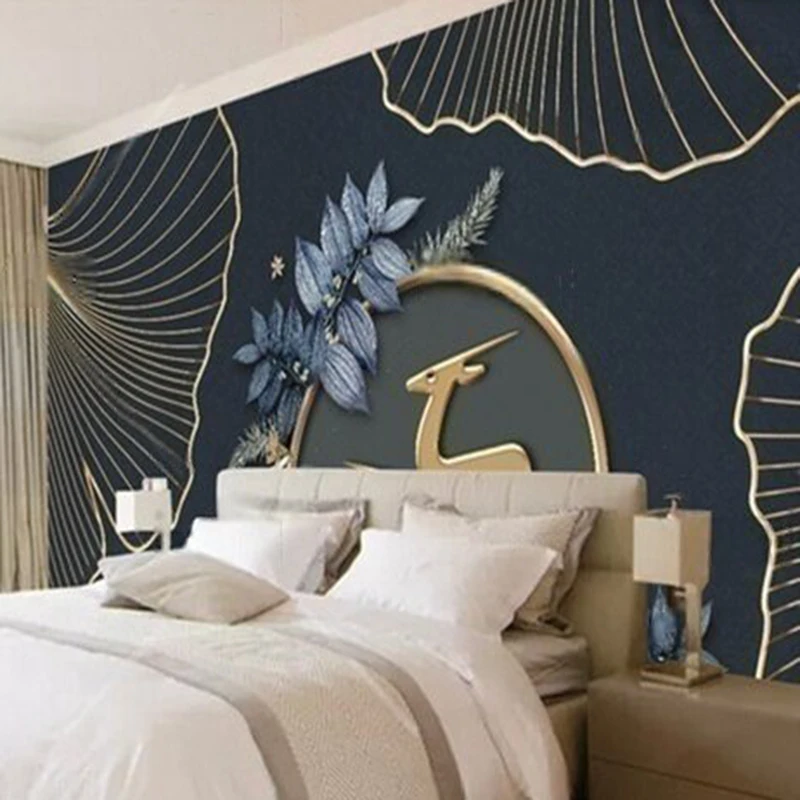 Wallpaper Dinding Dekorasi Ruang Tamu, Lukisan Dinding Rusa Floral Metalik Minimalis Modern, Latar Belakang Sofa TV Mural Kustom