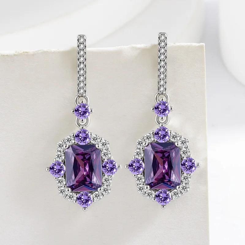 Vintage Amethyst Tropfen-Ohrringe für Damen, 925 Silber Zirkon Hängeohrringe, Luxuriöser Brautschmuck für Hochzeit und Partys – Detail 2