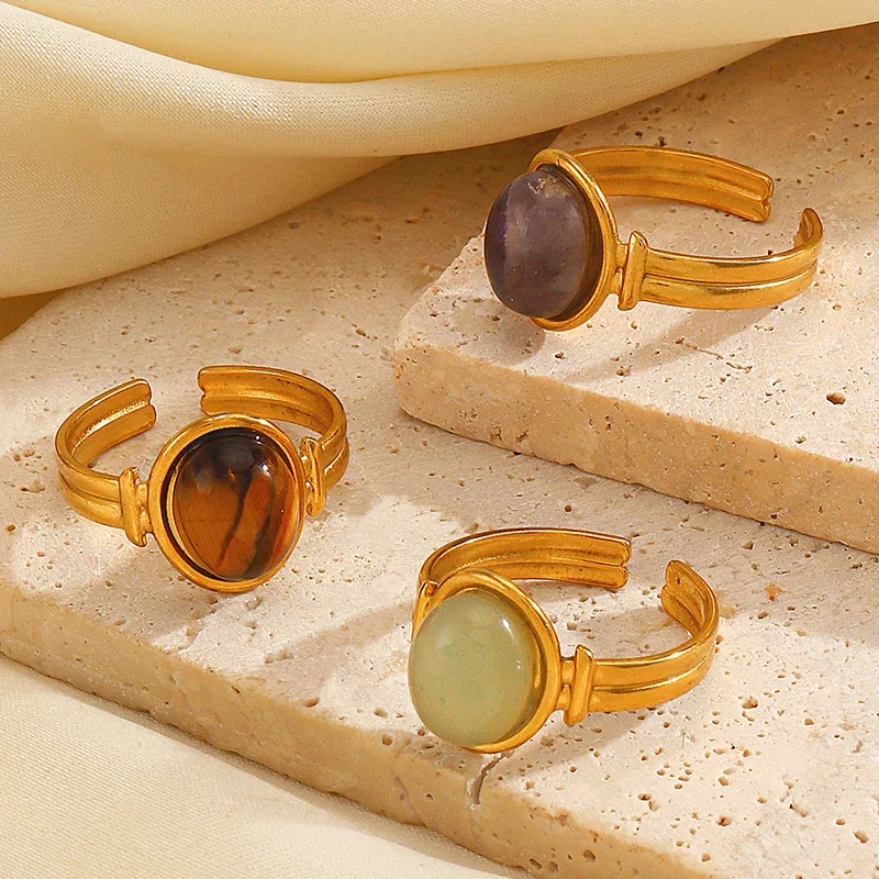 

Vintage Geometry Green Brown Stone Stainless Steel Rings For Women Gold Color Adjustable Open Ring Wedding Jewelry anillos mujer