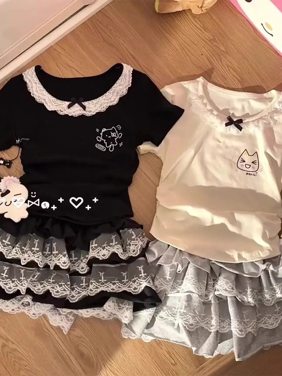 Neue Subkultur Y2k Zwei Stück Set Frauen Punk Dark Nette Tops + Spitze Mini Röcke Anzug Harajuku Japanischen Kawaii Design outfits 2025