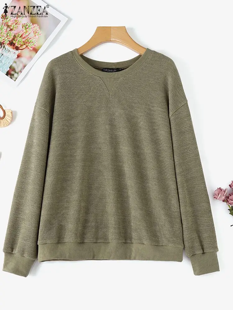 ZANZEA Long Sleeve Casual Loose Blouses Korean Fashion Ribbed Knitted Autumn Streetwear Sweatshirts Women O Neck Pullover Tops