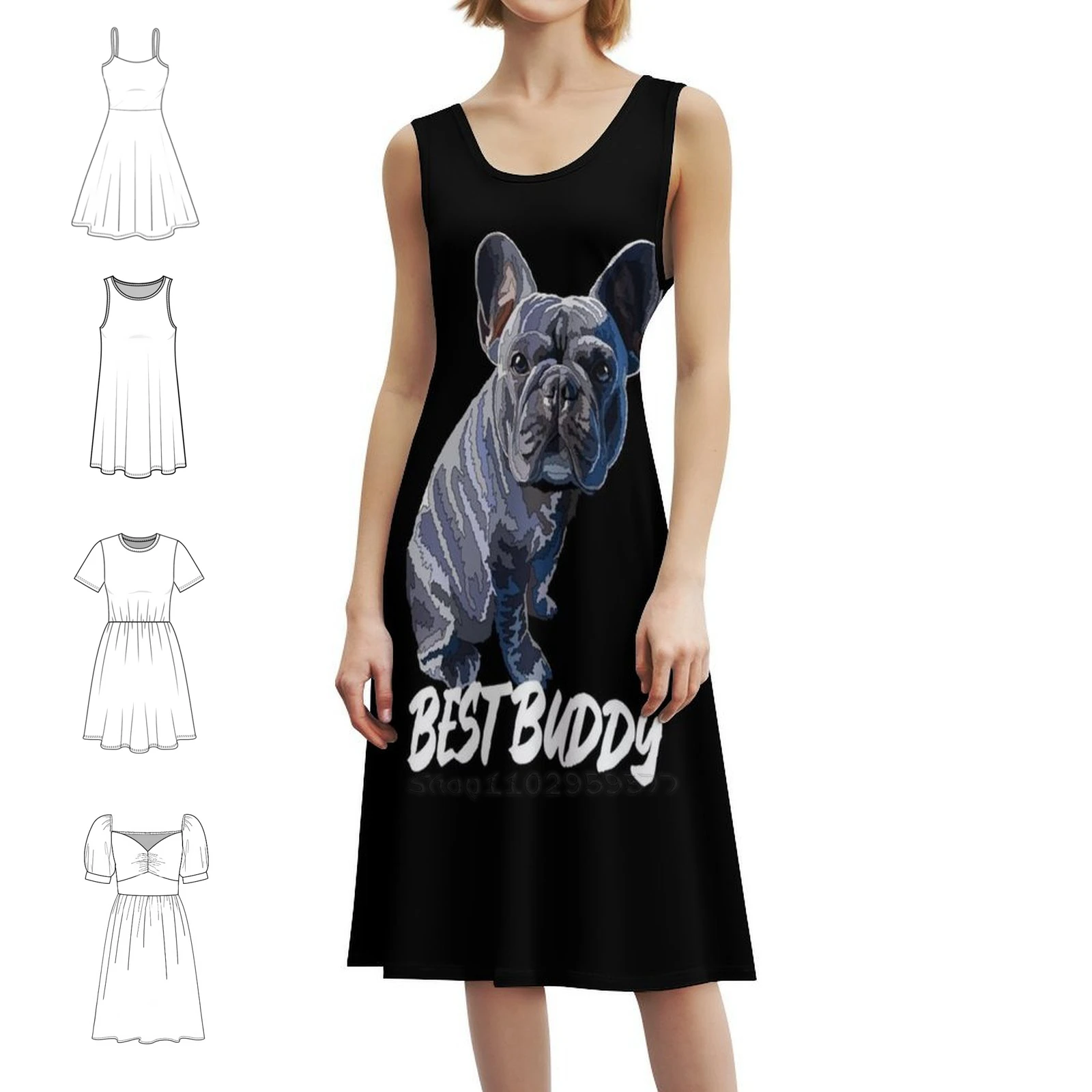 

Синее платье Frenchie Best Buddy Boho Chic, элегантное модное пляжное платье для свадебной вечеринки, вечернее платье Frenchie с французским бульдогом и бульдогом