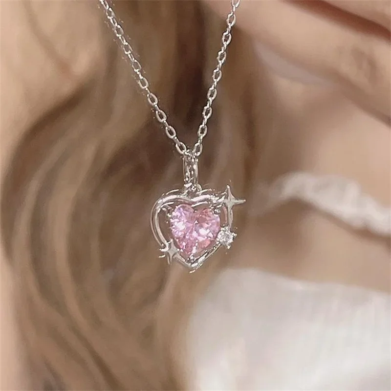 Fashion Peach Heart Water Drop Pendant Necklace Jewelry Pink Crystal Girl Sweet Cool Clavicle Chain Aesthetic Y2k Accessories