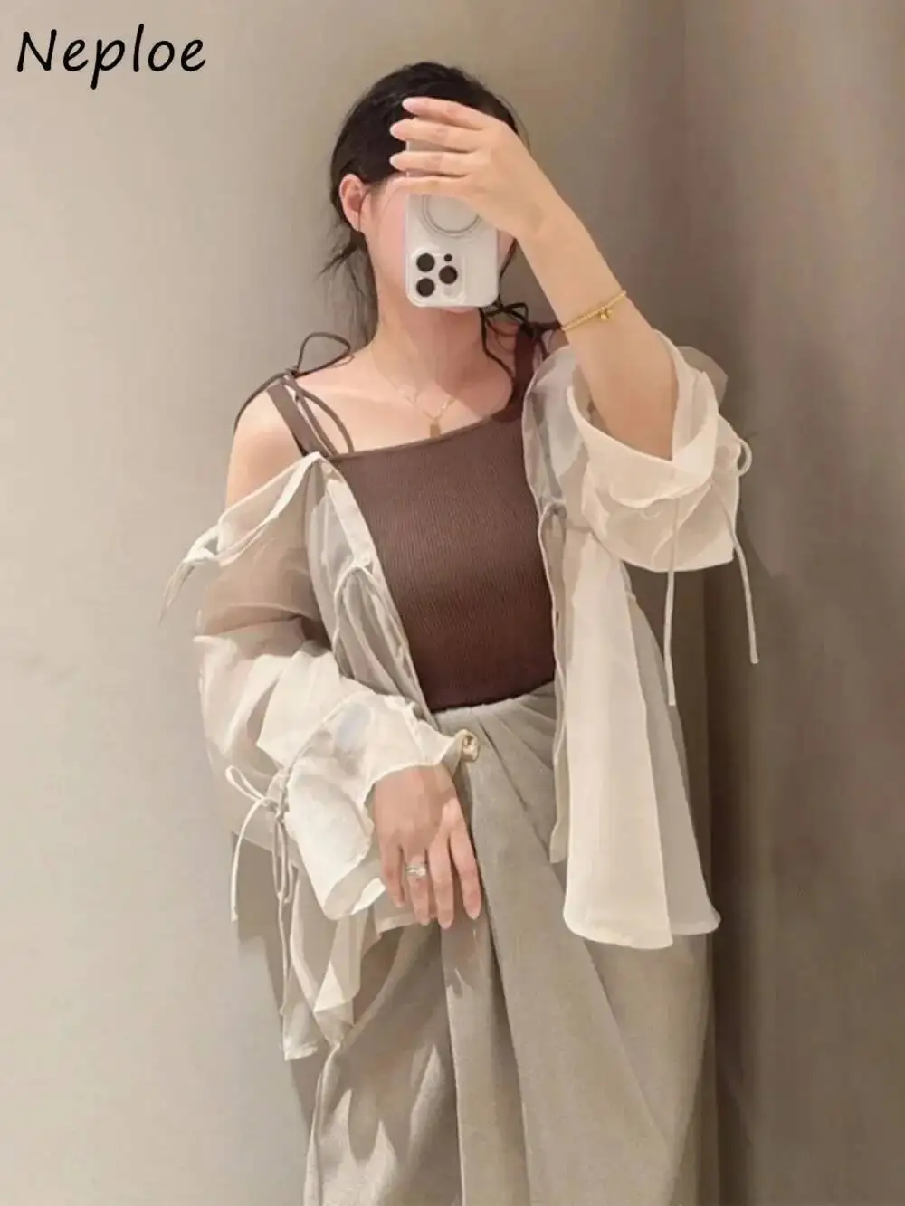 

BabYoung Fairy Sweet Flare Sleeve Lace Up Set Shirt Knit Slim Commuter Solid Sling Japan Chiffon Loose All-Match French Suit Top