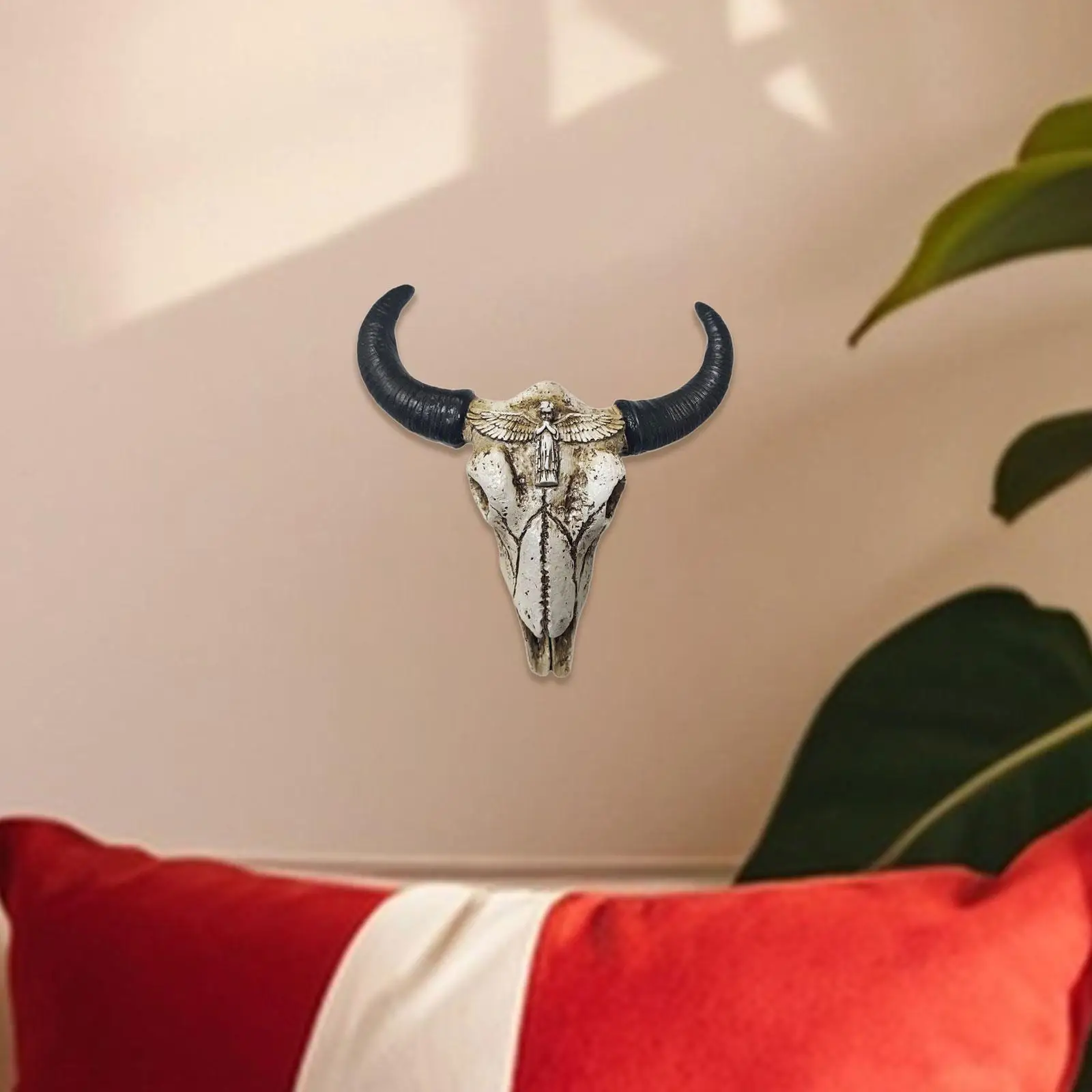 Bull Horns Decor 3D Resin Figurine Crafts Ornaments Wall Hanging Ornament Head Skull Sculptures for Living Room Home Decor