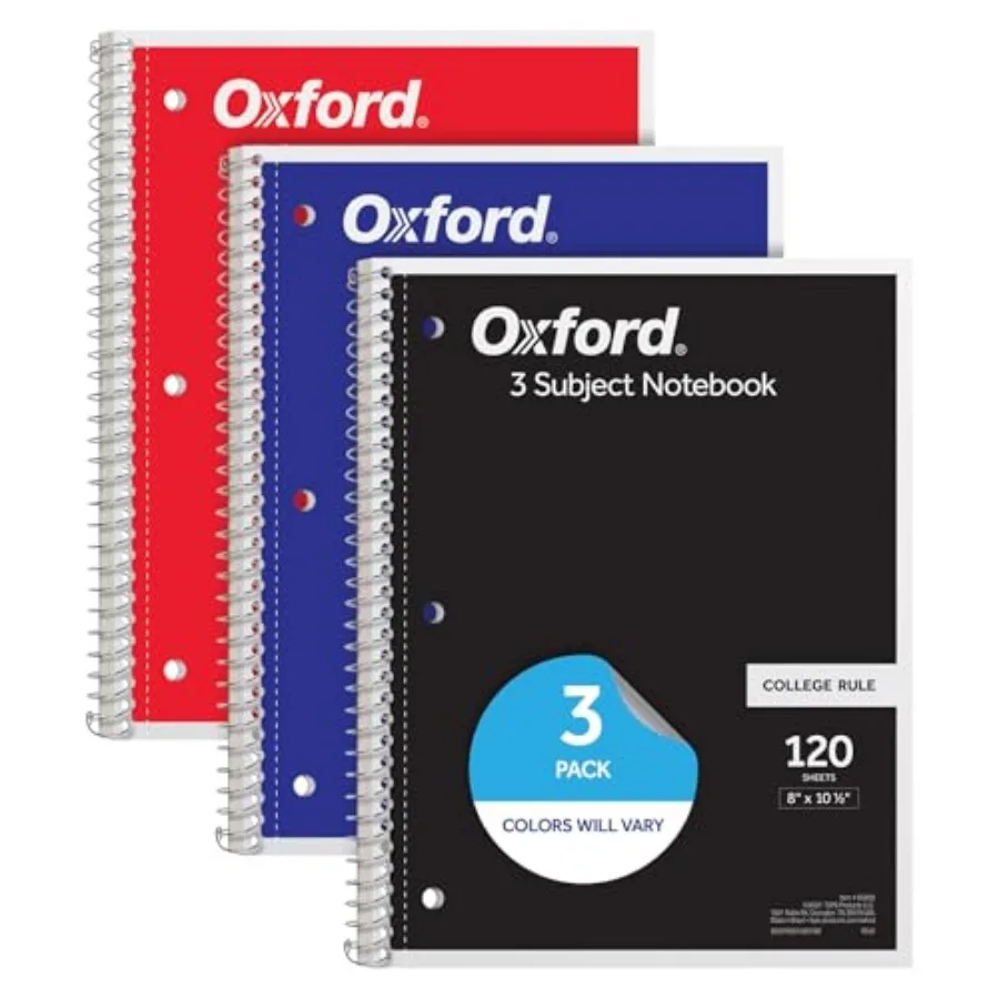 

Spiral Notebooks, 3 Pack, 3 Subject, College Ruled Notebooks for School, 8 x 10.5 Inch, 120 Sheets, 2 Dividers, Assorted Colors