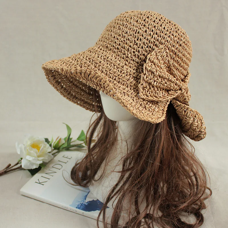 

Custom. Straw Hat Female Summer Hat Seaside Beach Hat Bow Fisherman Hat Foldable Hat Small Brim Hat