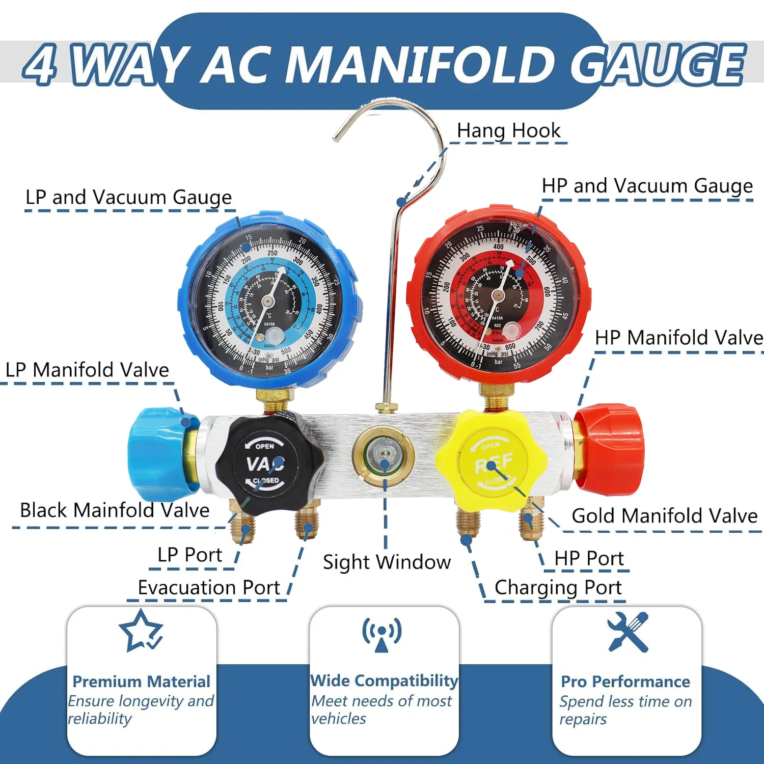 4 Way Refrigeration Air Conditioning Manifold Gauge Maintenence Set For R22/R404A/R134A/R410A Freon Charging Tool