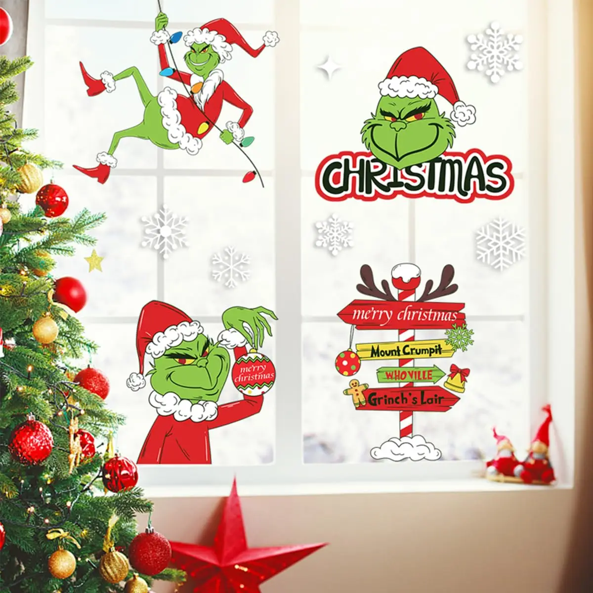 9 أوراق ملصقات نافذة Grinch للزجاج عيد الميلاد على الوجهين ديكور عيد الميلاد ملصقات نافذة لتزيين مكتب المدرسة المنزلية