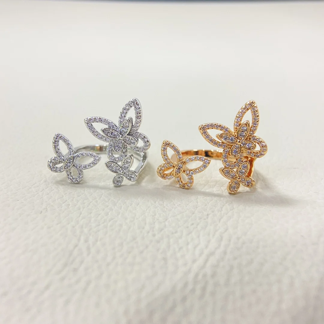 

Luxury Jewelry Classic S925 Pure Silver Women's Romantic Carving Flower Leaf Zircon Three Different Butterfly Engagement Rings