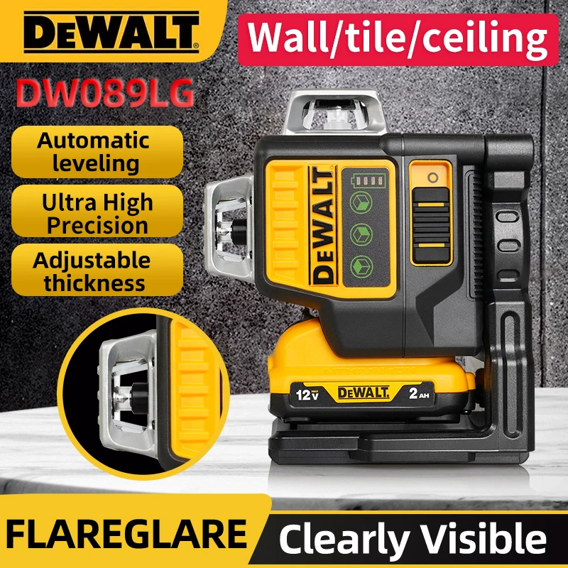 Dewalt DW089LG 3 Sides*360 Degree Vertical 12V Lithium Battery 12 Lines Laser Level Horizontal Green Light Level Meter Outdoor