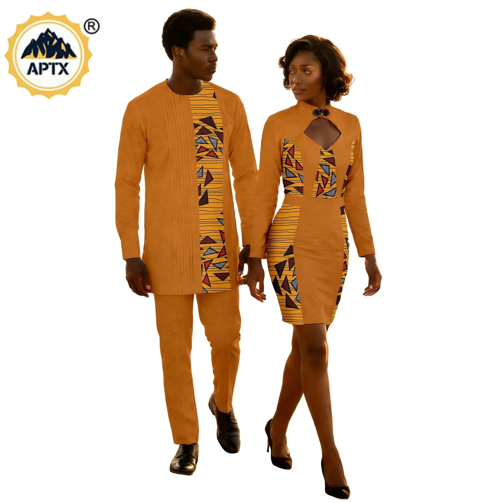 

African Print Slim Dresses for Women Matching Couple Outfits Dashiki Men Draped Patchwork Top Tee and Pant Sets 26C015