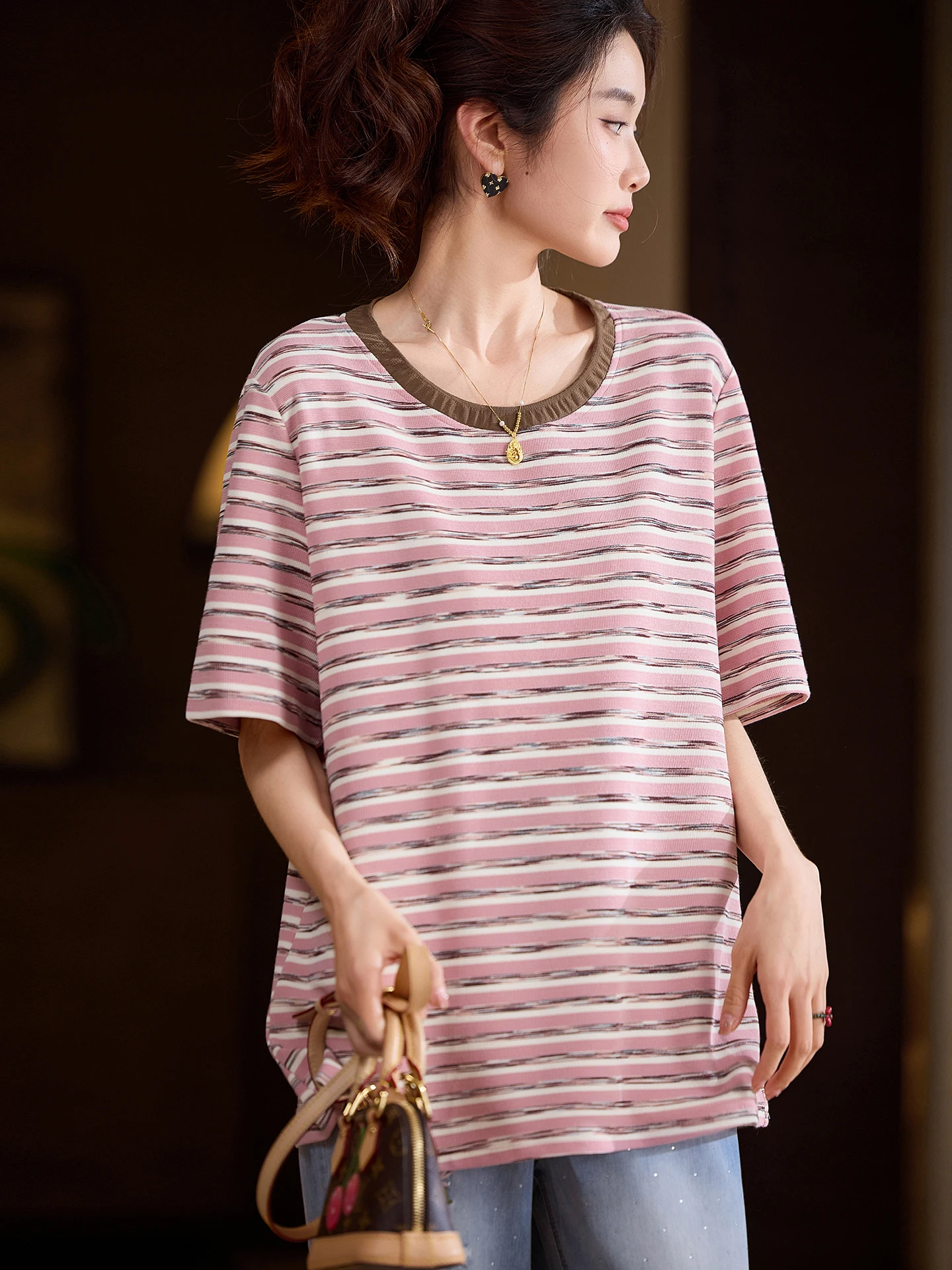 Street Style Striped Short Sleeve Pink T-Shirt Women's Summer New Fashion Large Size Casual Breathable round Neck Top