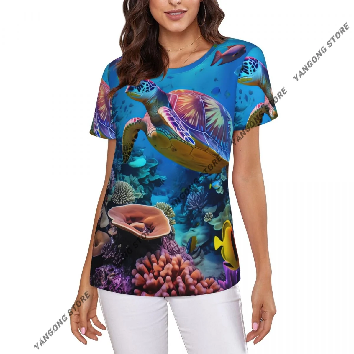 Casual Summer Woman Skinny Fit T-shirt Tight Short-Sleeve O-neck Tee Basic Sea Turtle Underwater Scene T Shirt