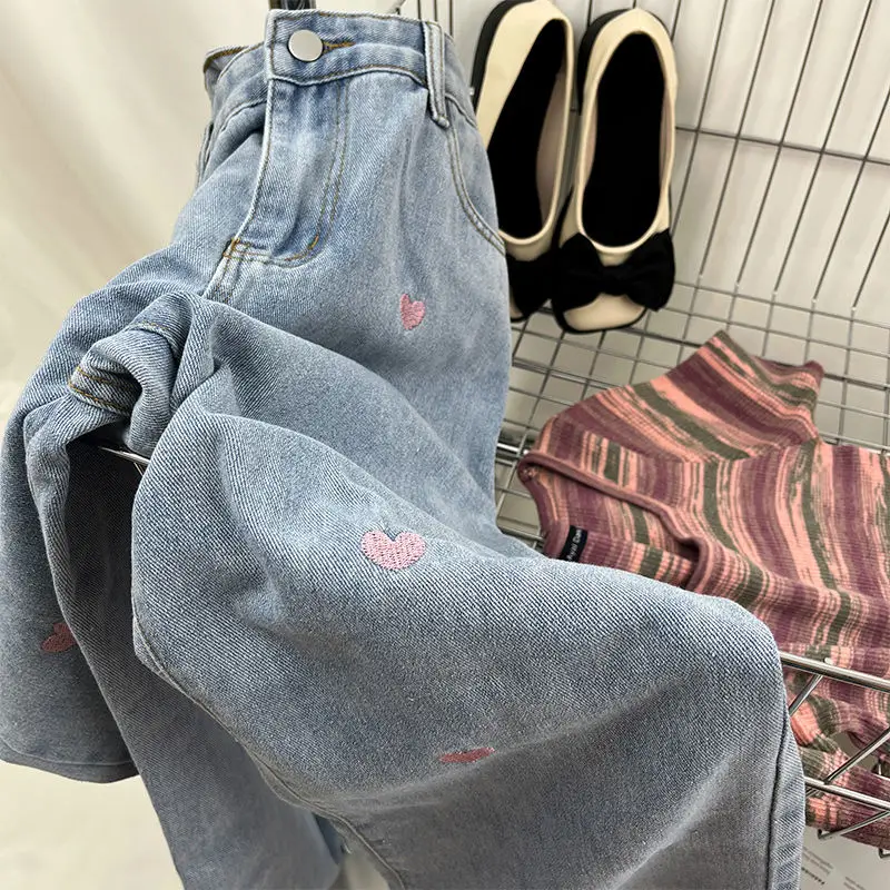 

Retro Love Embroidery Jeans Women's Straight High Waist Loose Drape Floor-Mopping Trousers
