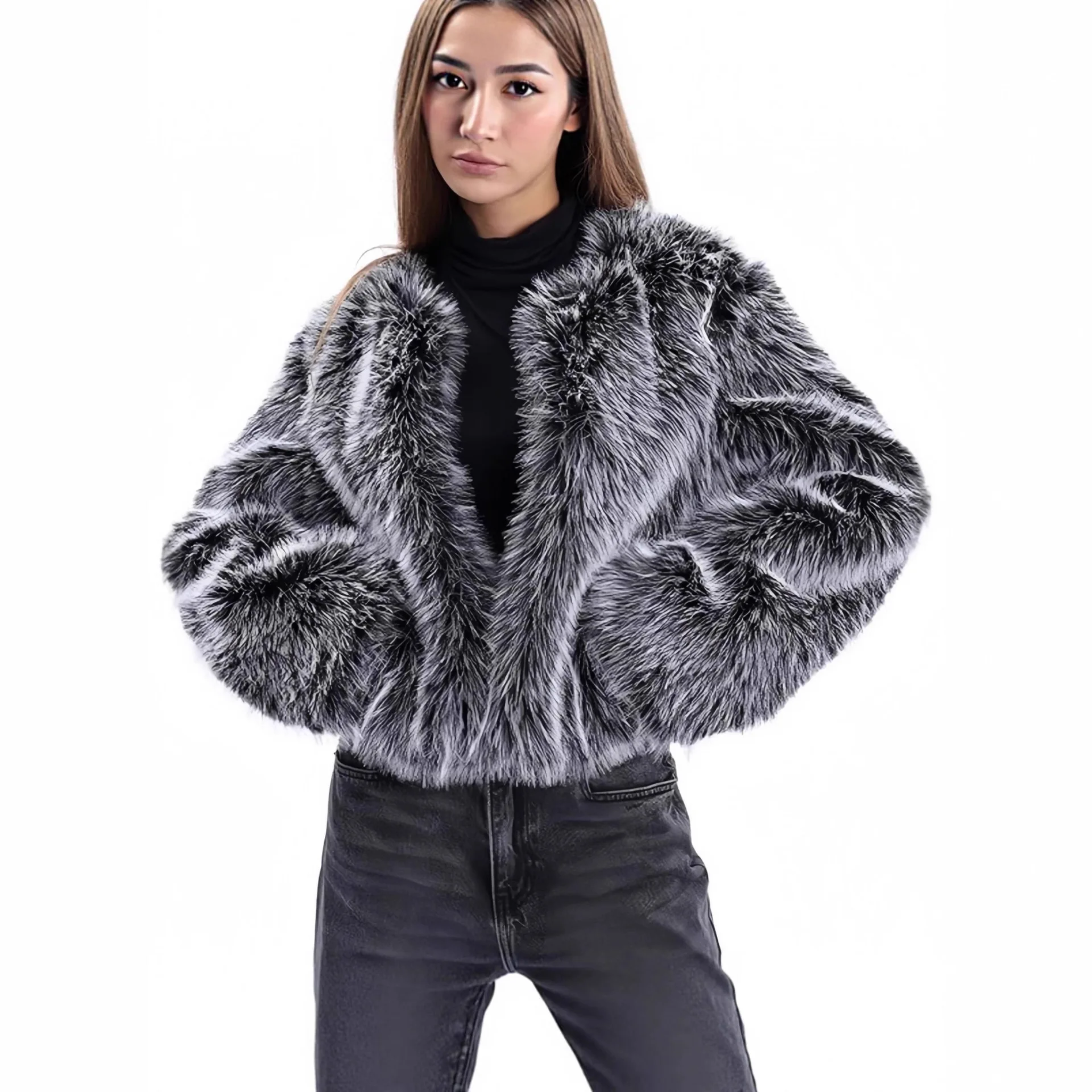 

Градиентная осенне-зимняя женская короткая шуба, новая плюшевая женская куртка с круглым вырезом из искусственного лисьего меха, подробная стильная женская эко-пуховая куртка