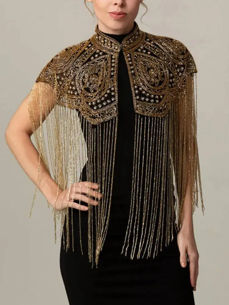 Beaded Shawl Coat Patchwork Sleeveless Heavy Craft Handmade Beaded Long Tassel Stand Neck Cape 2026 Summer New 17S6MYF