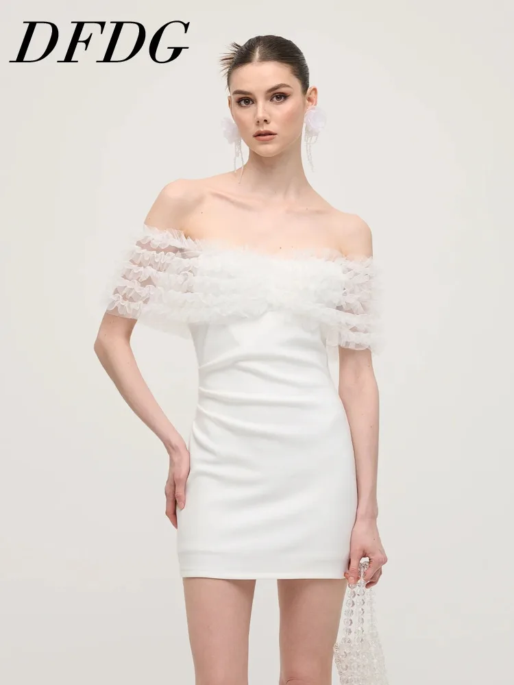 

DFDG женское весенне-летнее шикарное сетчатое облегающее платье 2023, облегающее мини-платье с открытыми плечами и рюшами, облегающее мини-платье с высокой талией