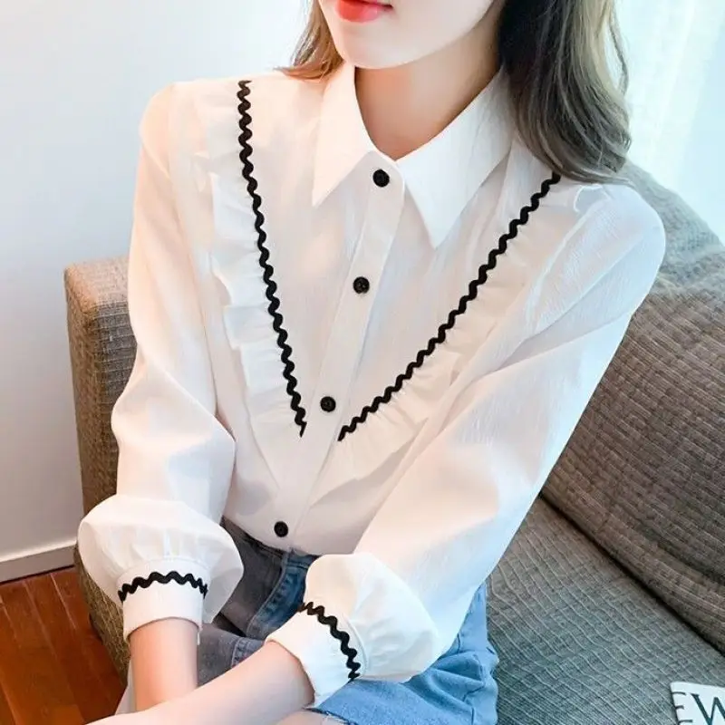 Women Spring Korean Loose Simplicity Sweet Ruffles Patchwork Polo-Neck Long Sleeve Shirts Women Clothes Casual All-match Tops