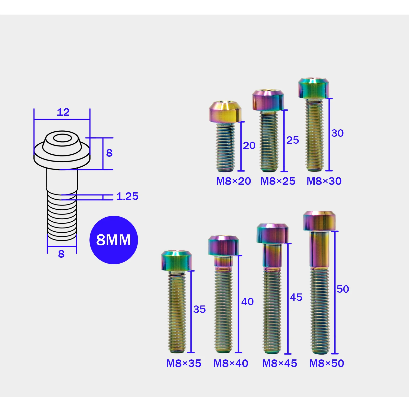 Grade 5 Titanium Bolts M8 X 10/12/15/20/25/30/35/40/45/50/55/60/65/70/75/80/85/90/100/110mm Torx Head Screws