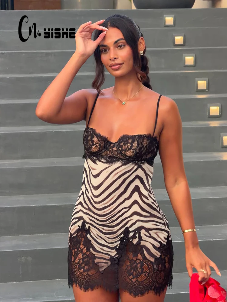 CNYISHE Camisoles Zebra Prints Lace Patchwork Women Dresses Party Outfits Female Sexy Club Skinny Bodycon Sheer Chic Trendy