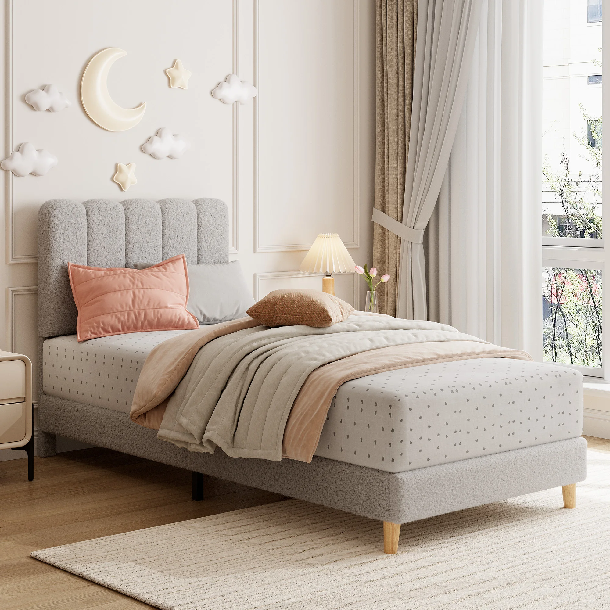 Kids/Girls Velvet Upholstered Platform Bed Frame with Wave Headboard - Crystal Diamond Tufting, Wood Slat Support, Noise-Free, No Box Spring Needed - Twin, Pink