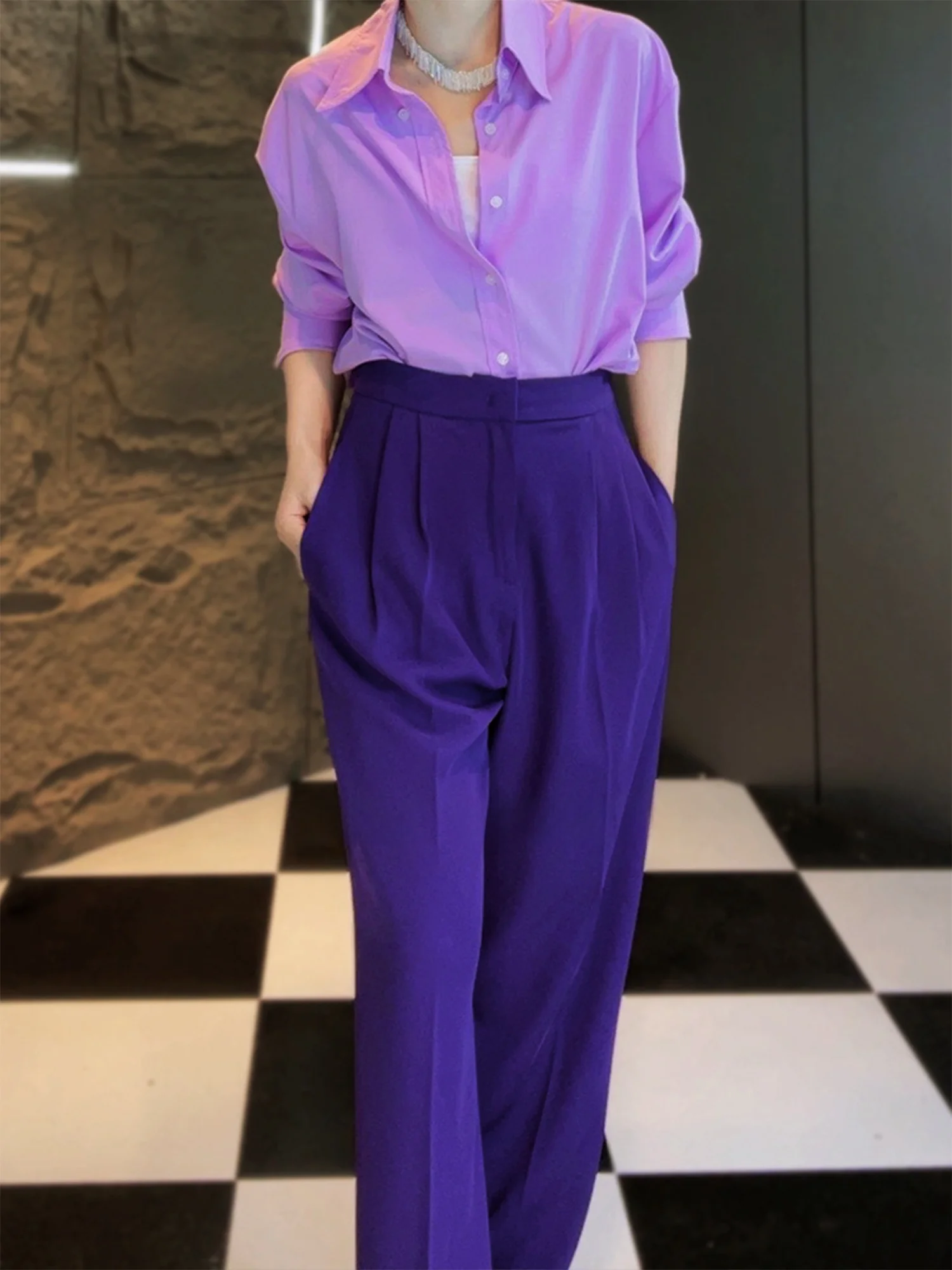 

Purple High Waist Wide Leg Pants Ele Faion Luxury Slimming Straight Cut Busin Lady Trousers Autumn Collection 2025