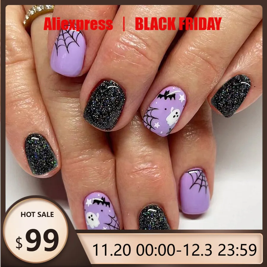 

Фиолетовый набор для дизайна ногтей на Хэллоуин, 24 шт., короткие квадратные накладные ногти с рисунком паутины-призрака, летучей мыши, накладные ногти для женщин и девочек