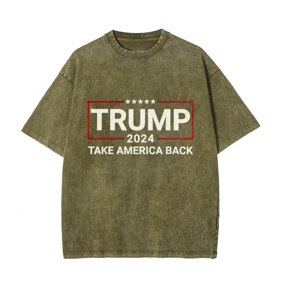 Neutral Retro Washed Short-Sleeved T-Shirt Trump Letter Graphic Printing Loose Shoulder High Quality Fabric Trend New 2024