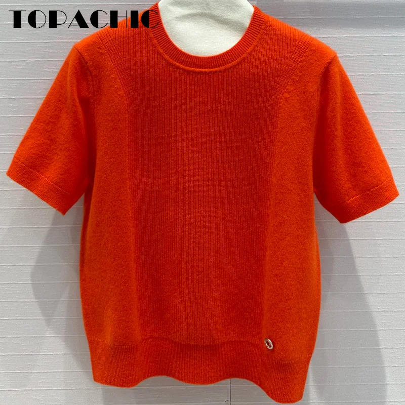 

7.15 TOPACHCI Solid Simple All-matches O-Neck Ribbed Knitwear Top Fit Women Metal Decoration Short Sleeve Cashmere Knit Sweater